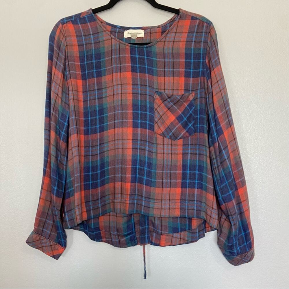 Cloth & Stone Plaid Lace Up Back Long Sleeve Top Small